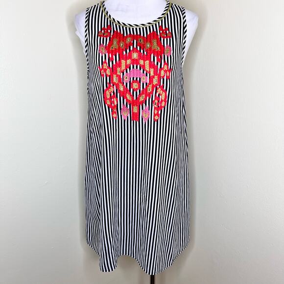 THML Mini Dress Small Womens Black White Stripe Embroidered Shift Bohemian New - Picture 1 of 11